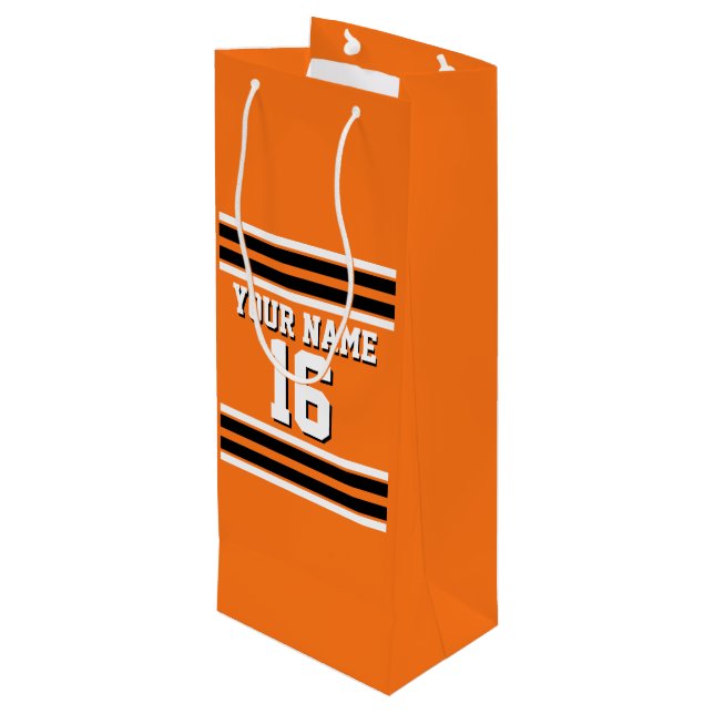 Pumpkin Orange Blk Team Jersey Custom Number Name Wine Gift Bag (Back Angled)