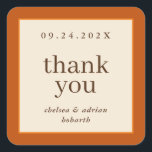 Pumpkin Orange Border Simple Fall Wedding Favour Square Sticker<br><div class="desc">Make a statement of understated elegance with this simple,  text-based autumn wedding favour thank you sticker label featuring a border of rich pumpkin and orange on ivory. Use the customization option to change the colours and fonts to suit your wedding theme.</div>
