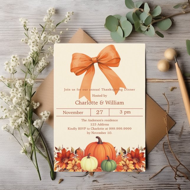Pumpkin orange bow Thanksgiving Dinner Invitation (Creator Uploaded)