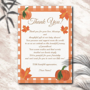 Pumpkin Orange Gingham Fall Baby Shower  Thank You Card