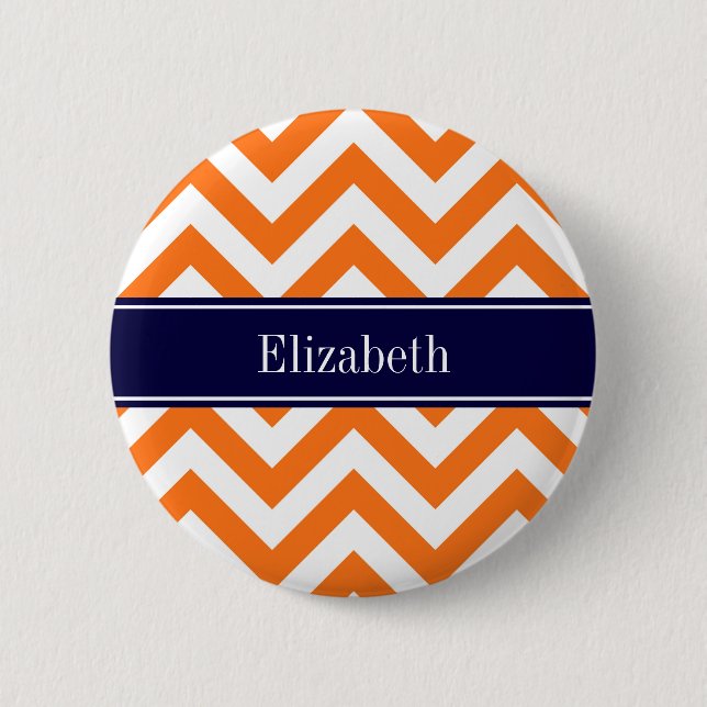 Pumpkin Orange Lg Chevron Navy Name Monogram 2 Inch Round Button (Front)