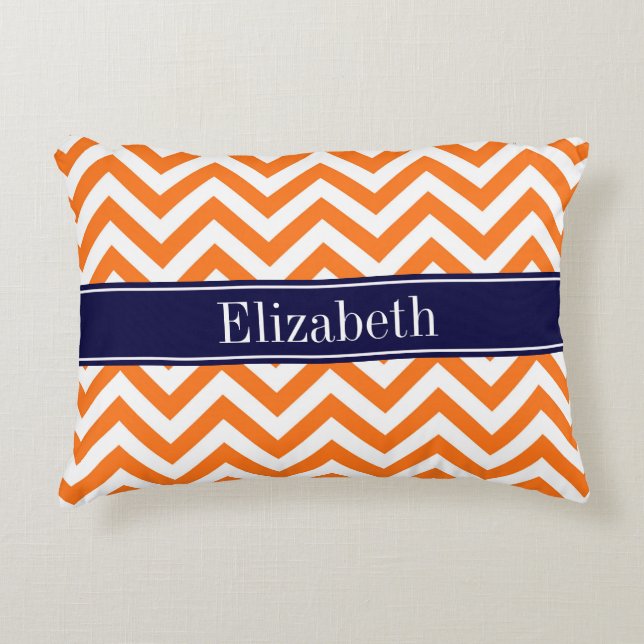 Pumpkin Orange Lg Chevron Navy Name Monogram Accent Pillow (Front)
