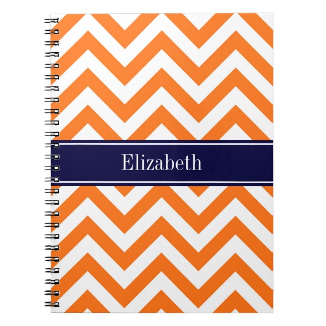 Pumpkin Orange Lg Chevron Navy Name Monogram Notebook (Front)
