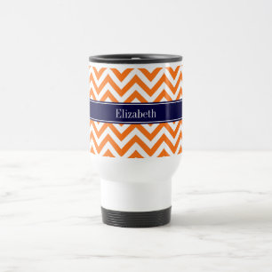 Pumpkin Orange Lg Chevron Navy Name Monogram Travel Mug