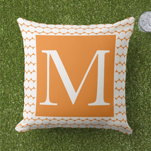 Pumpkin Orange Monograms White Polka Dots Autumn Outdoor Pillow (Grass)