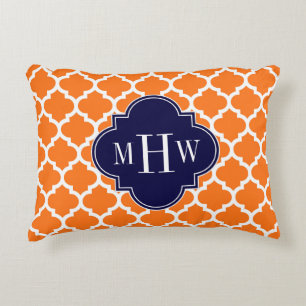 Pumpkin Orange Moroccan #5 Navy 3 Initial Monogram Decorative Pillow