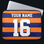 Pumpkin Orange Navy Blue Team Jersey Preppy Stripe Laptop Sleeve<br><div class="desc">Preppy Sporty Rugby Striped Pumpkin Orange, Navy Blue Team Jersey / Sports Jersey / Football Jersey Style, Custom Name, Custom Number Customize this with your own name or team name and number. You can change the size, colour and placement of the text if you need to make changes as well...</div>