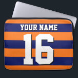 Pumpkin Orange Navy Blue Team Jersey Preppy Stripe Laptop Sleeve<br><div class="desc">Preppy Sporty Rugby Striped Pumpkin Orange, Navy Blue Team Jersey / Sports Jersey / Football Jersey Style, Custom Name, Custom Number Customize this with your own name or team name and number. You can change the size, colour and placement of the text if you need to make changes as well...</div>