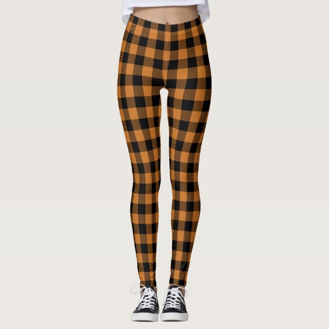 pumpkin orange plaid pattern  leggings (Front)