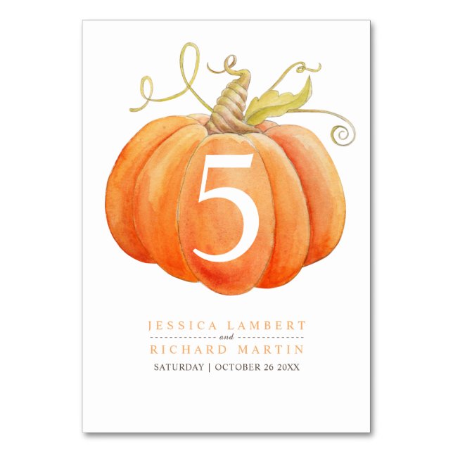 Pumpkin orange watercolor art table number (Front)