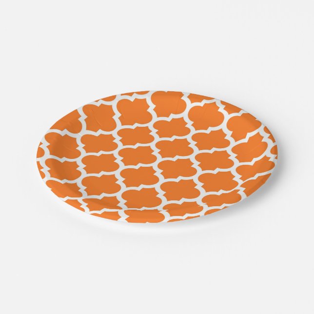 Pumpkin Orange Wht Moroccan Quatrefoil Pattern #5 Paper Plate (Angled)