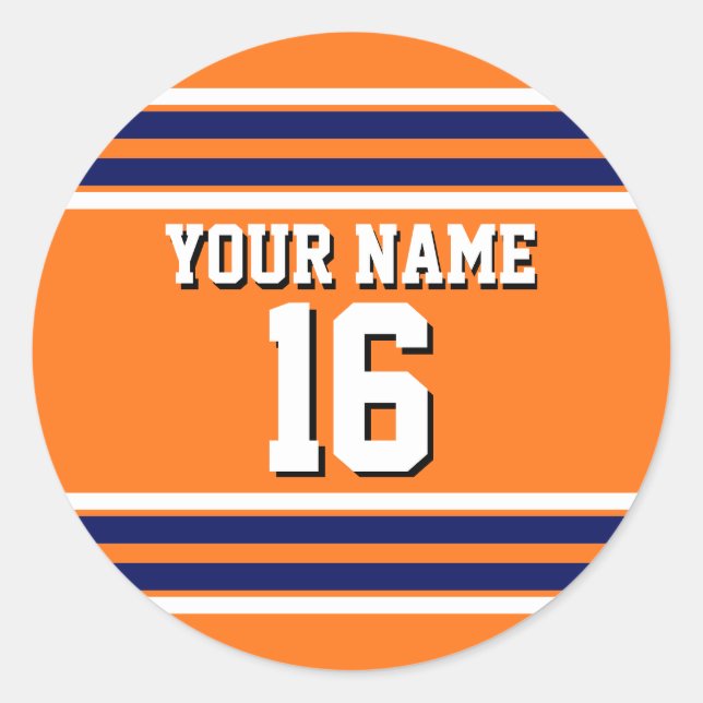 Pumpkin Orange with Navy White Stripes Team Jersey Classic Round Sticker (Front)