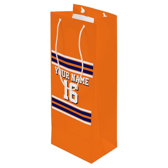 Pumpkin Orange with Navy White Stripes Team Jersey Wine Gift Bag (Back Angled)