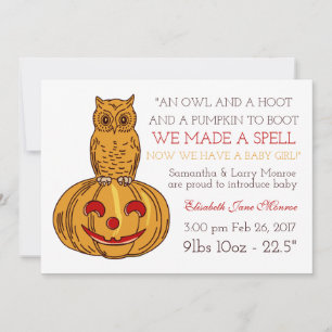 Pumpkin Owl & Gingham Baby Girl Announcement