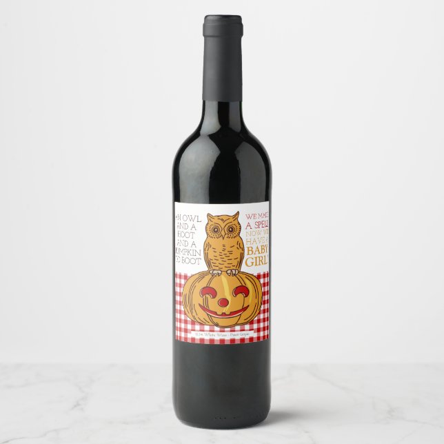 Pumpkin Owl & Gingham Baby Girl Announcement Wine Label (Front)