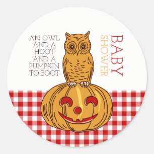 Pumpkin Owl & Gingham Baby Shower Classic Round Sticker