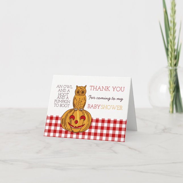 Pumpkin Owl & Gingham Baby Shower Thank You (Front)