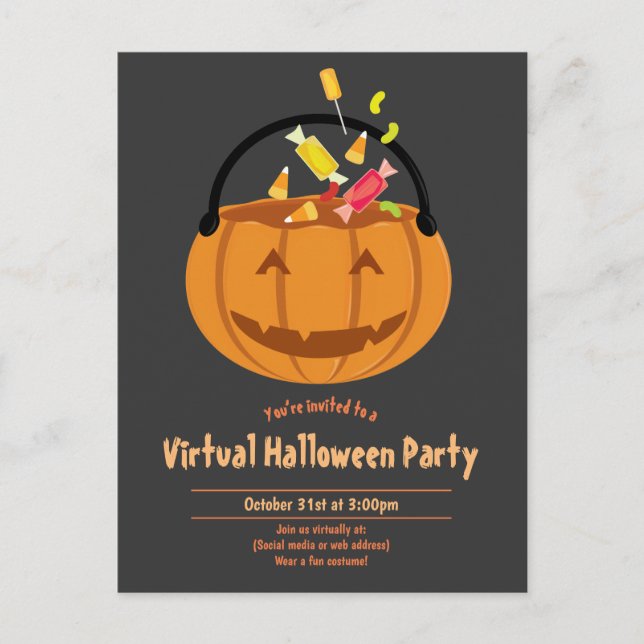 Pumpkin Pail Candy Grey Virtual Halloween Party Invitation Postcard (Front)