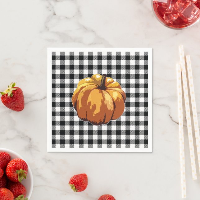 Pumpkin Painting Black Check Gingham Pattern Napkin (Insitu)