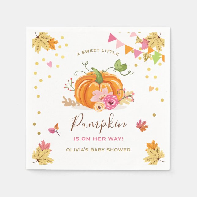 Pumpkin Paper Napkin Fall Baby shower Girl Pink (Front)
