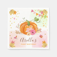 Pumpkin Paper Napkin Fall Birthday Girl Pink Gold
