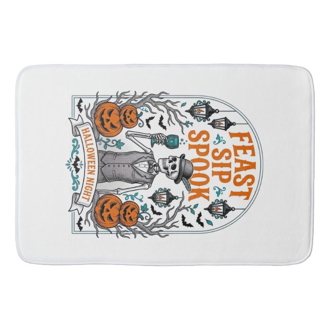 Pumpkin Party Skeleton Halloween Feast Sip Spook Bath Mat (Front)