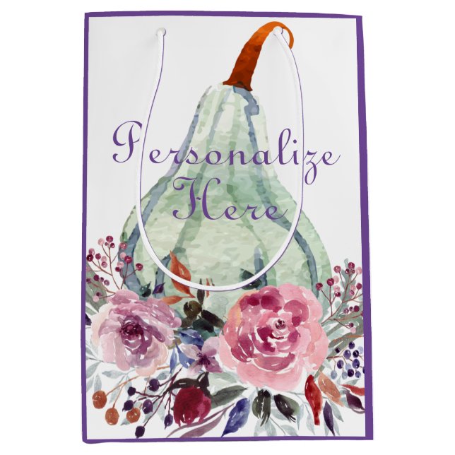 Pumpkin pastel elegant fall floral gourd teal  medium gift bag (Front)