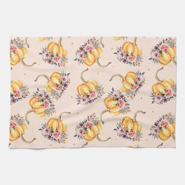 Pumpkin pastel peach gold polka dot floral fall kitchen towel (Horizontal)