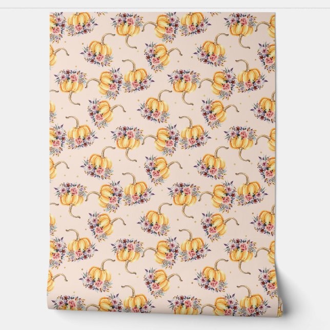 Pumpkin pastel peach gold polka dot floral fall wallpaper (Unrolling)