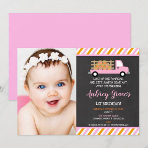 Pumpkin patch 1st first birthday fall girl photo invitation