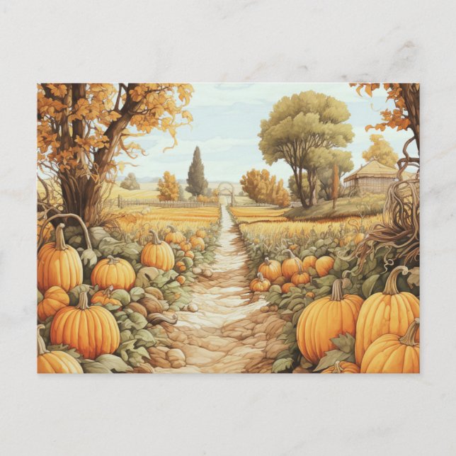 Pumpkin Patch Autumn Leaves Trees Halloween Holiday Postcard (Front)