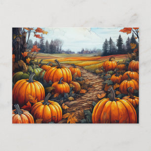 Pumpkin Patch Autumn Leaves Trees Halloween Holiday Postcard