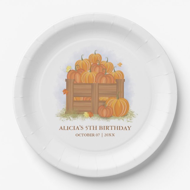 Pumpkin Patch Butterfly Fall Leaves Birthday Paper Plate (Front)