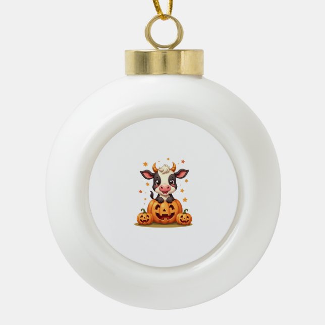 Pumpkin Patch Cow Ceramic Ball Christmas Ornament (Front)