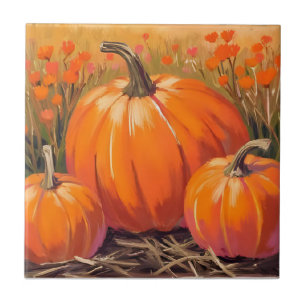 Pumpkin Patch Fall Foliage Watercolor Tile