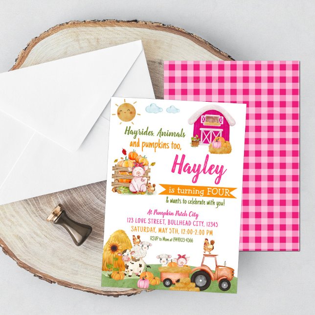 Pumpkin Patch Farmer Girls Pink Birthday Invitation (Creator Uploaded)
