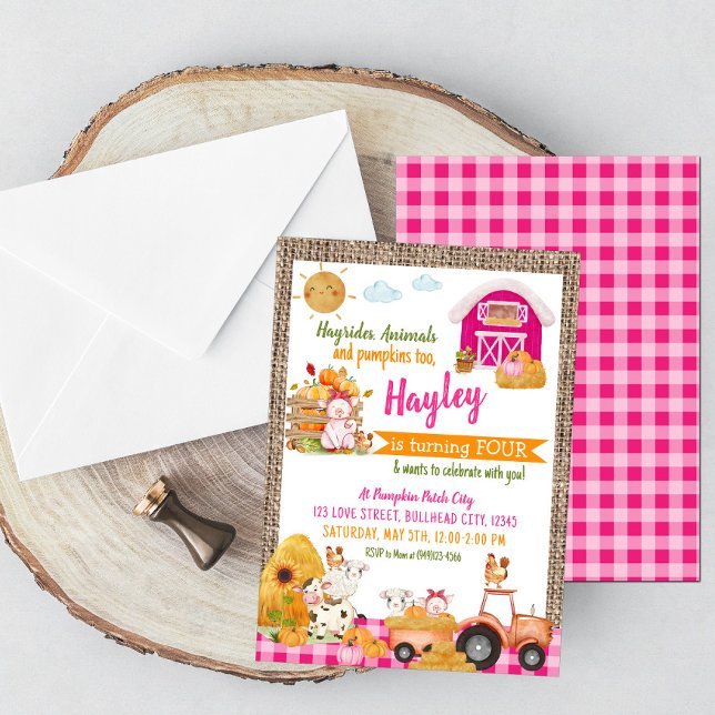 Pumpkin Patch Farmer Girls Pink Birthday Invitation (Creator Uploaded)