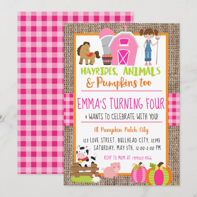 Pumpkin Patch Farmer Girl's Pink Gingham Birthday Invitation (Front/Back)