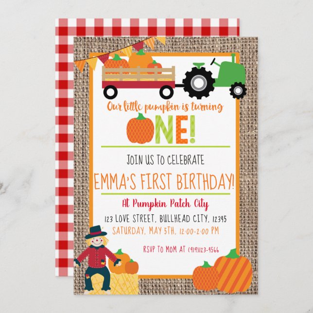 Pumpkin Patch Farmer Red Gingham 1st Birthday Invitation (Front/Back)