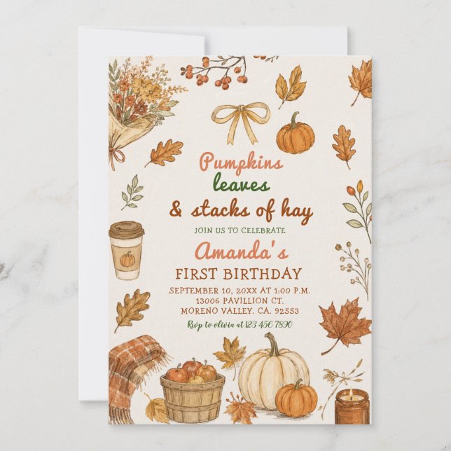 Pumpkin Patch Hays Leaves Autumn First Birthday  Invitation (Front)