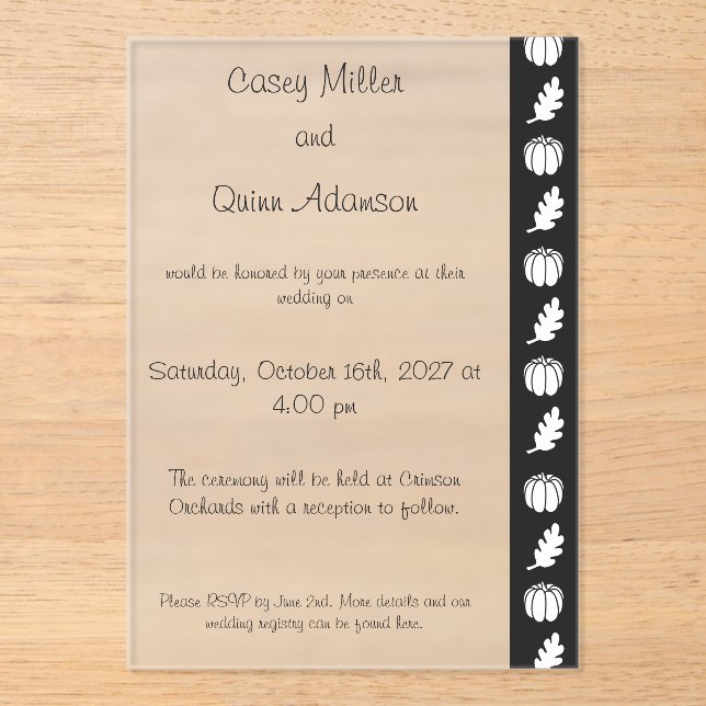 Pumpkin Patch in Black Acrylic Wedding  Invitations (Front)