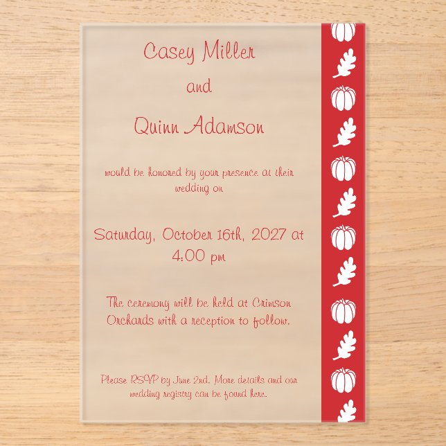 Pumpkin Patch in Cherry Acrylic Wedding  Invitations (Front)