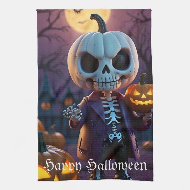 Pumpkin Patch Skeleton Companion Kitchen Towel (Vertical)