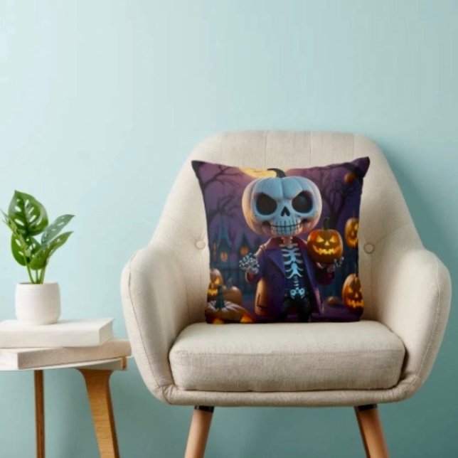 Pumpkin Patch Skeleton Companion Throw Pillow (Throw Pillow 100% polyester heavyweight stretch material. Hidden zipper Made in the USA.
)