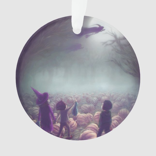Pumpkin Patch Witches Flying Past Trick-Or-Treater Ornament (Front)