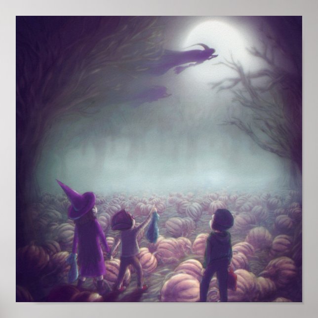 Pumpkin Patch Witches Flying Past Trick-Or-Treater Poster (Front)