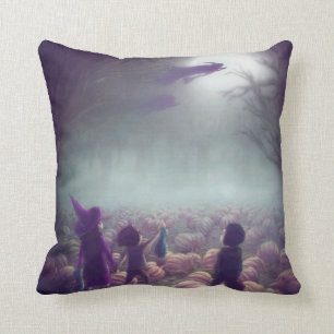 Pumpkin Patch Witches Flying Past Trick-Or-Treater Throw Pillow