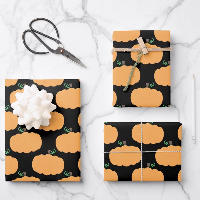 Pumpkin Pattern On Black Wrapping Paper Sheet (Front)