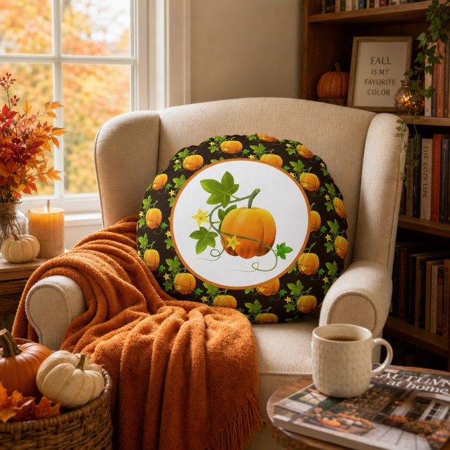 Pumpkin Pattern on Dark Brown Fall Season Round Pillow (Creator Uploaded)