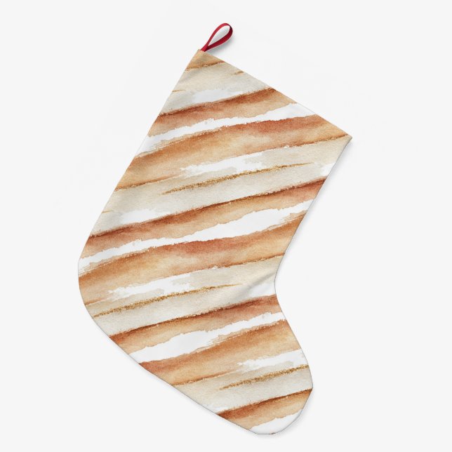 Pumpkin Peach Latte Stripes Christmas  Large Christmas Stocking (Front (Hanging))